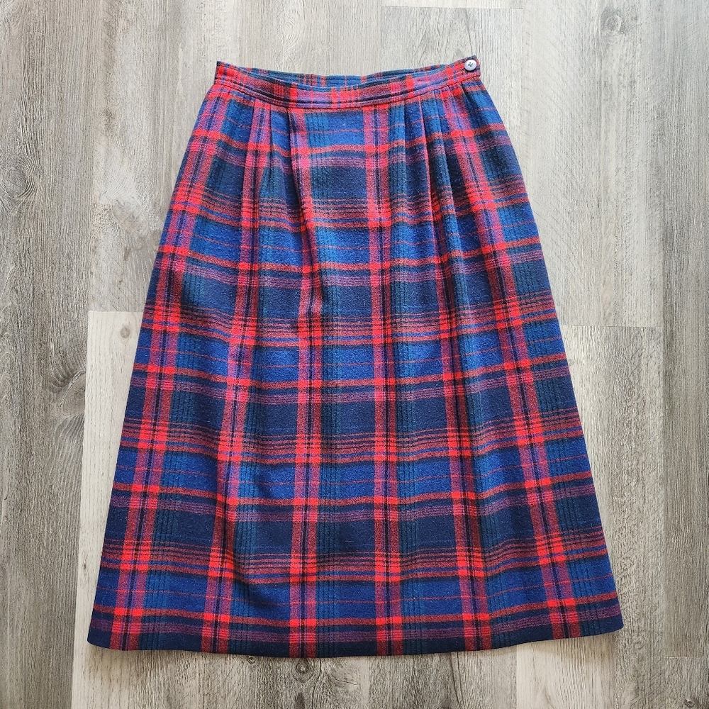 Vintage Pendleton 100% Virgin Wool Plaid Midi Skirt Blue And Red Women's Size 10